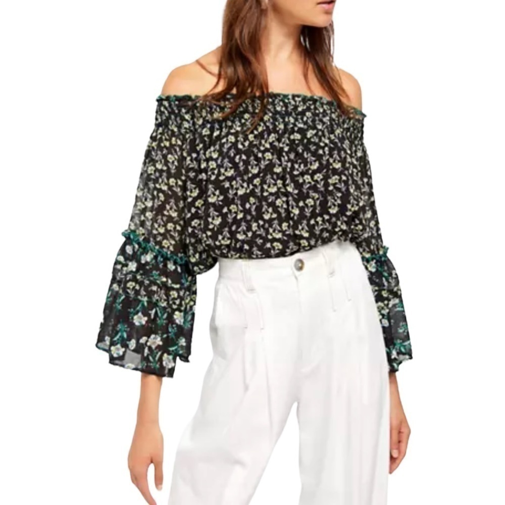 Free People Rose Valley Black Combo Off the‎ Shoulder Floral Printed Blouse